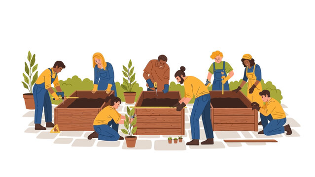 Community gardening team building raised beds together in flat style