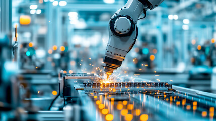 High energy shot of a robotic welding arm working at high speed. Industrial automation, advanced robotics, intelligent production lines, efficient smart factory manufacturing solutions. Intelligence.