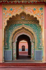 ornate painted multi-arched palace corridor with floral motifs, colorful tiled panels and layered archways evoking a serene, majestic atmosphere