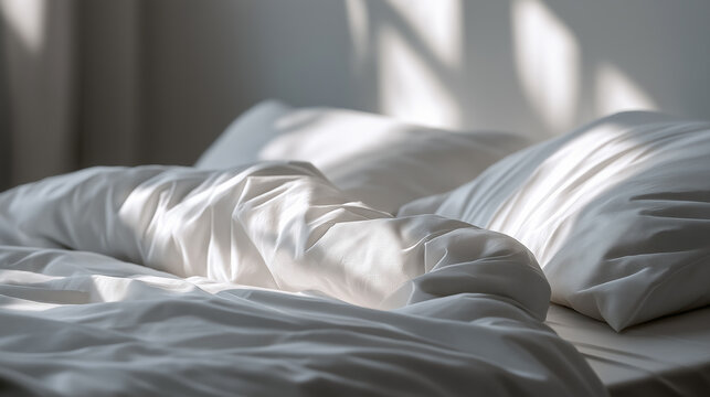 Messy white bed sheets in soft natural light creating a cozy morning atmosphere.
