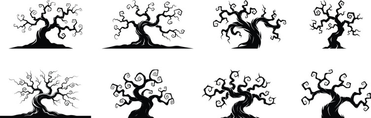 Obraz premium Stylized leafless tree with sharp, angular branches silhouette collection, haunting trees silhouette, for digital art, tattoo, gothic wallpaper, vector-based print, posters and apparel vector art.