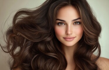 Naklejka premium Close-up of a woman with voluminous glossy long brown wavy hair and exposed shoulders conveying elegant confident beauty