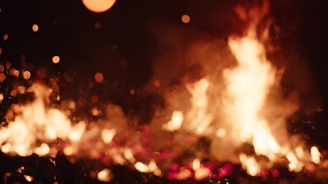 Abstract fire sparks and bokeh lights flying against a black background, firestorm texture.
