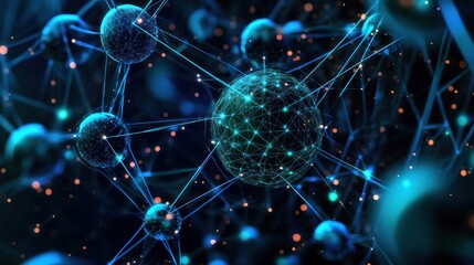 Glowing interconnected blue spheres and geometric mesh linked by thin filaments, surrounded by floating particles &mdash; a futuristic, mysterious scientific network