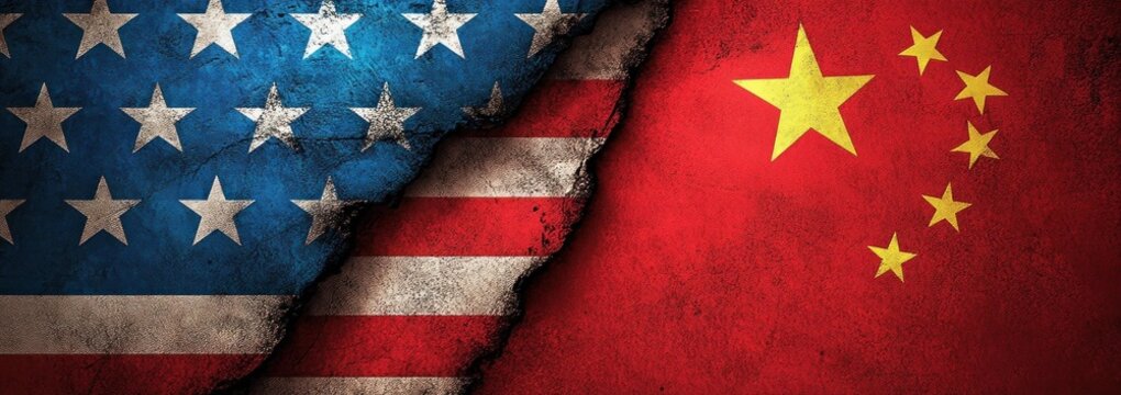 torn american flag ripped open to reveal a chinese flag on a gritty textured background conveying tension and confrontation