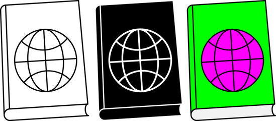 Set of geography book icons in outline, solid black, and vibrant green-purple color schemes
