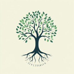 Fototapeta premium Stylized green tree with spreading roots, branching trunk and leafy canopy, minimalist illustration evoking growth, stability and calm