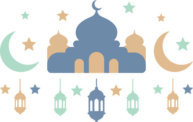 Stylized graphic art depicting an Islamic mosque, radiant crescent moons, sparkling stars, and hanging lanterns, perfect for holiday greetings and cultural themes