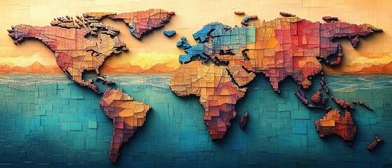 Fototapeta premium Textured mosaic world map with layered continents, warm sunset hues above a teal ocean and distant mountains on the horizon, vibrant and inspiring