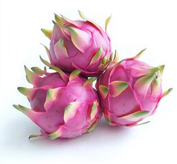 Three vibrant pink dragon fruits with green-tipped scales on a clean white background, fresh tropical still life, bright and inviting