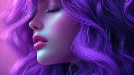 Fototapeta premium Close-up of vibrant purple and magenta wavy hair strands with silky texture and flowing movement evoking dreamy mysterious beauty