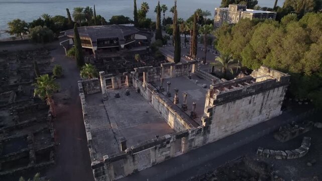 Aerial view of the ancient White Synagogue and St. Peter's House in Capernaum, Town of Jesus, Sea of Galilee