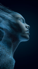 Obraz premium Futuristic human face formed from glowing digital particles symbolizing artificial intelligence and advanced data processing. 