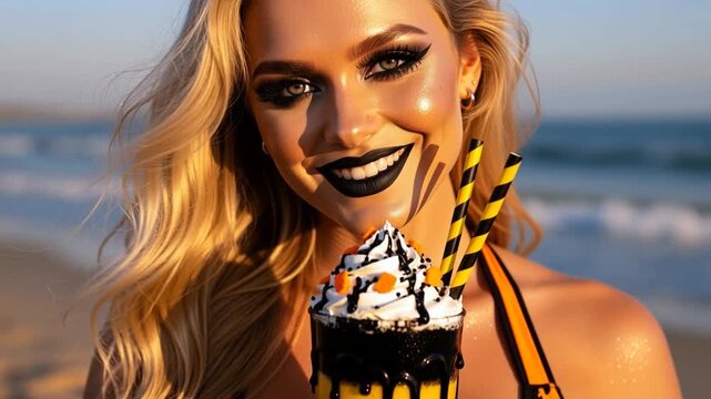 Stunning blonde in orange bikini on beach at sunset, bold black makeup & lips, holding tall mango-chocolate milkshake with whipped cream & drizzles