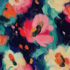 Obraz premium Vibrant impasto floral painting with swirling pink, coral, cream and teal blossoms on a deep navy background, expressive textured brushstrokes and joyful energetic mood