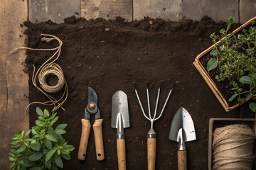 Garden tools flat lay on neutral background, shovel, rake, pruning shears, clean composition, copy space