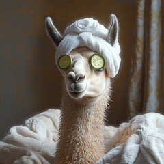 Obraz premium A calm llama with a white towel wrapped on its head and cucumber slices over its eyes, surrounded by soft white bath towels in a cozy setting