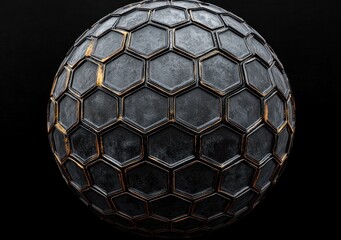 Fototapeta premium Worn metallic sphere covered in hexagonal tiles with weathered gold seams and dark textured panels, industrial futuristic mysterious mood