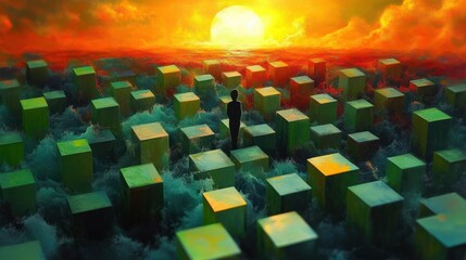 Obraz premium Silhouette of a person standing on one of many green cubic platforms surrounded by turbulent water under a dramatic orange and yellow sunset sky