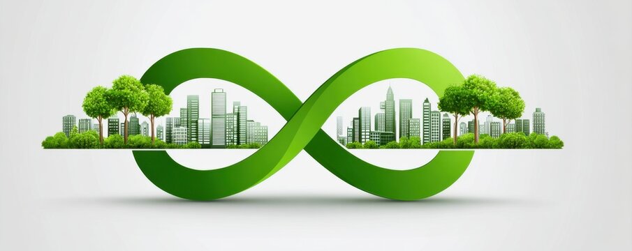 Concept of a perpetual circular economy. A stylized infinity symbol features green trees and urban buildings, symbolizing sustainability and the fusion of nature with modern architecture.