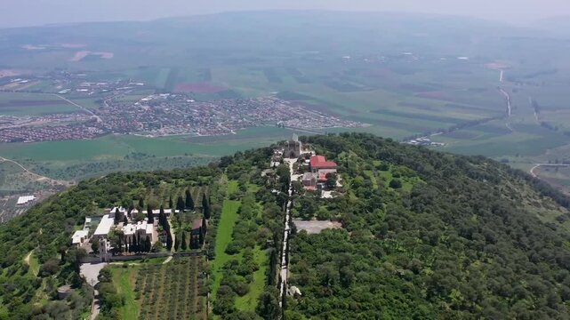 Cinematic Drone Aerial View of Mount Tabor and Church of the Transfiguration in Holy Land Landscape