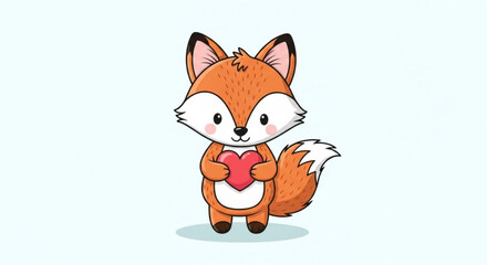Obraz premium Cute cartoon fox holds red heart symbol on white background expressing love and affection in a charming digital illustration