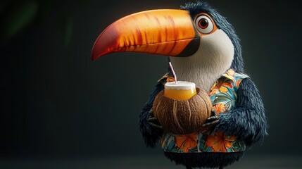 Obraz premium Cheerful toucan with a large orange beak wearing a colorful Hawaiian floral shirt, holding a frothy coconut drink with a straw, relaxed tropical vacation vibe