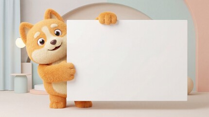 Obraz premium Cute cartoon dog holding blank white sign in modern colorful room