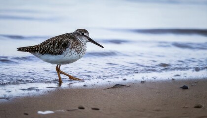 Obraz premium Dunlin wading in the shallow water on a sandy beach.