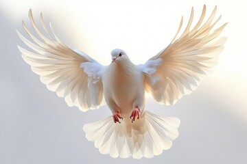 Obraz premium White dove hovering with fully outstretched wings and fanned tail against a soft pale background, serene and graceful