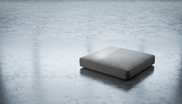 A solitary, square-shaped, muted gray zabuton (meditation cushion) placed on a vast, seamless light gray polished concrete floor.
