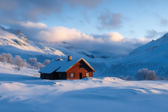 Cozy wooden cabin in a snow-covered valley with frosted trees and distant mountains bathed in soft golden and blue light, serene winter solitude