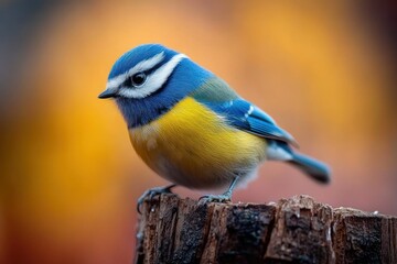 Naklejka premium small colorful bird with blue, yellow, and white feathers perched on a rough tree stump against a warm blurred background