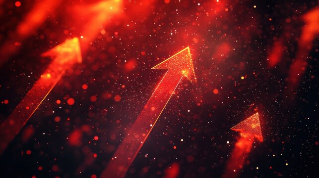 three glowing red arrows pointing upwards through a swirling, dynamic background filled with red and orange particles, conveying movement and growth