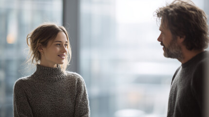 Obraz premium Two professional colleagues engaged in meaningful conversation by office window, woman in gray sweater smiling at bearded man, natural lighting creating warm authentic workplace interaction