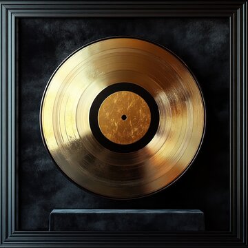 framed gold record plaque mounted on black velvet background with pedestal, dramatic lighting conveying prestige, celebration and vintage achievement