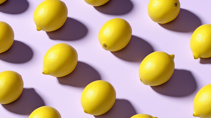 Bright yellow lemons arranged in a repeating pattern on a purple studio background symbolizing freshness and vibrant citrus flavor.

