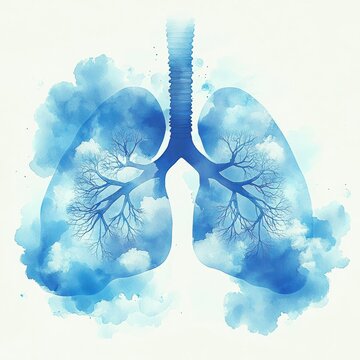 Artistic blue watercolor illustration of human lungs with intricate bronchi resembling tree branches, blending with clouds to symbolize air and breathing