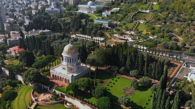 Aerial view of the Shrine of the Bab and Bahai Gardens on Mount Carmel, Haifa, Israel&mdash;Cinematic Drone Shot