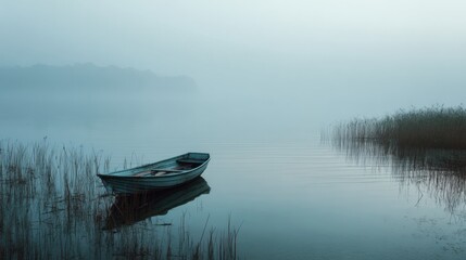 Fototapeta premium Experience a Still Moment on the Water With an Empty Boat Resting Quietly in a Foggy Environment at Dawn by the Lake