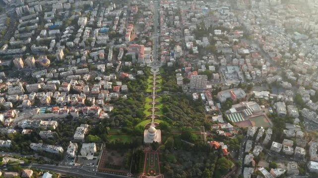 Aerial View of the Bahai Gardens and Shrine of the Bab in Haifa, Israel - UNESCO World Heritage Site