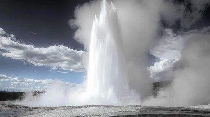 Obraz premium Large geyser erupting with a powerful fountain of water and steam under a partly cloudy sky in a natural volcanic landscape