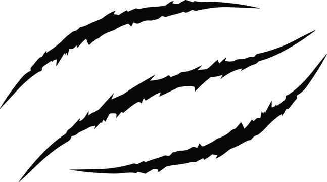 Three black claw marks on a surface, appearing sharp and jagged, illustrated in a simple graphic style