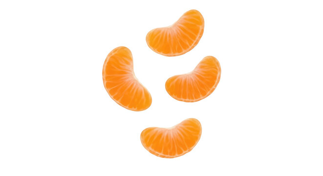 Four peeled, fresh tangerine or mandarin orange segments falling down. Isolated on transparent background, png