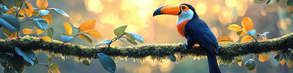 Naklejka premium vibrant toucan perched on a mossy branch among tropical leaves with warm golden bokeh, serene and peaceful morning atmosphere