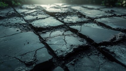 Close-up of cracked, dry earth surface with uneven broken pieces under soft natural light in a shaded environment