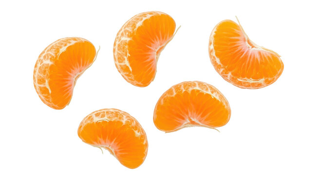 Four peeled, fresh tangerine or mandarin orange segments falling down. Isolated on transparent background, png