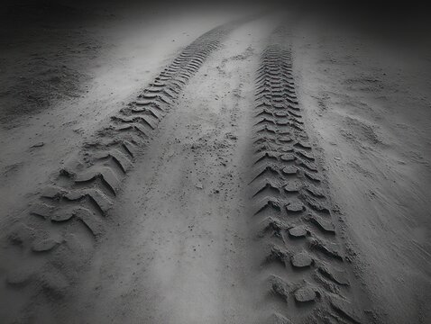 Two parallel vehicle tire tracks pressed into soft sand in a stark black and white scene, leading lines evoking solitude and quiet