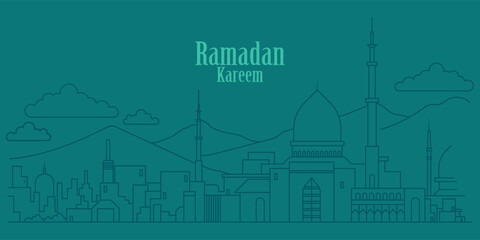 Ramadan Kareem background in line art style. Modern linear Islamic greeting card template and wallpaper design. Poster and media banner vector illustration