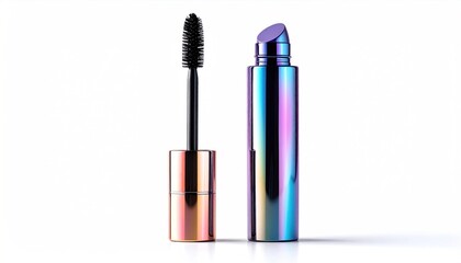 Obraz premium A vibrant iridescent mascara tube with brush on a white background